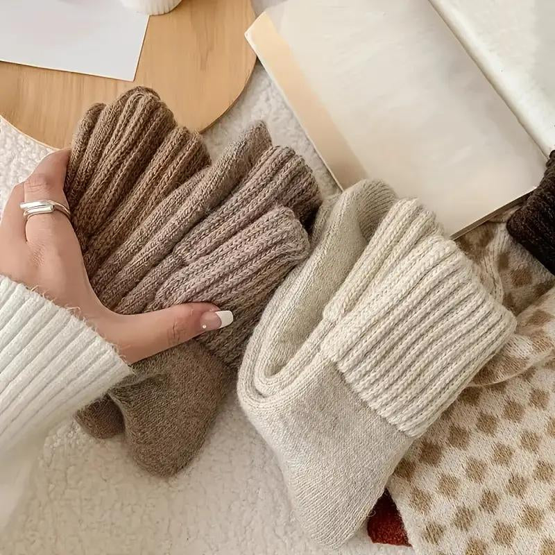 Woolen Socks for Women Mid-Calf Winter Thickened Maillard Loops with Fleece Warm Cashmere Short Socks Pack of 5 Solid Color Plush Cozy Everyday Wear for Girls