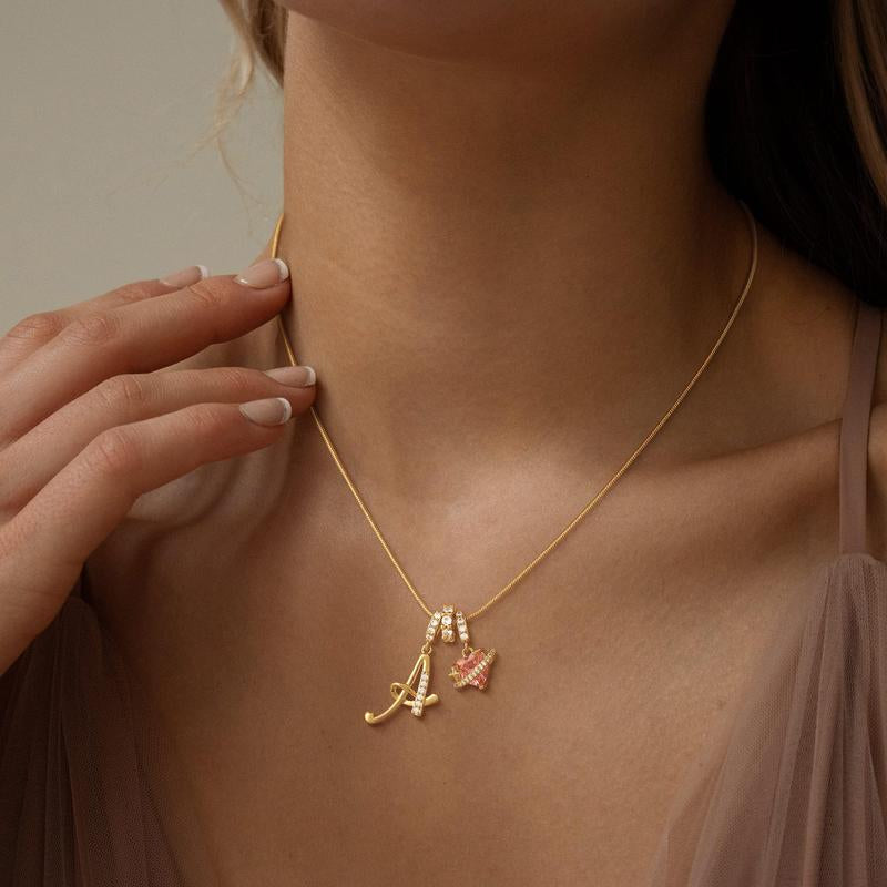 Tewiky Gold 3-Layering Initial A-Z Letter Pendant Necklaces for Women Snake Chain Choker Pink Heart Zircon Adjustable Length Necklace Jewelry for Blackfriday Christmas