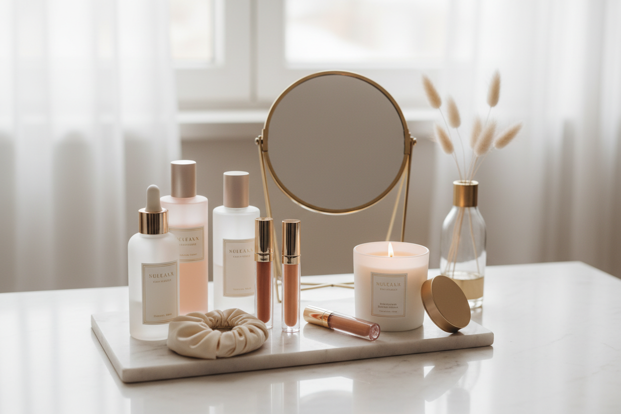 Aesthetic vanity setup with beauty essentials, neutral tones, gold accents, soft window light, blurred background, feminine minimalist style, includes skincare bottles, lip gloss, silk hair wrap, cozy and elegant mood, luxury wellness brand feel.