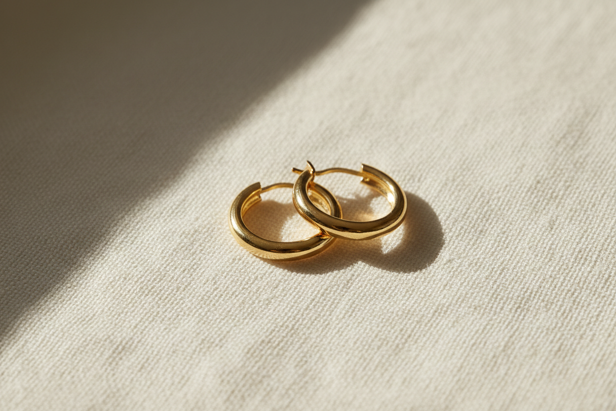 Simple gold-plated hoop earrings displayed on a cream textured surface, soft shadow lighting, minimal composition, elegant product photography, modern jewelry brand aesthetic, Shopify-ready image, high detail.
